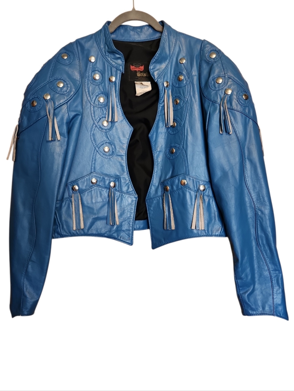 RARE VINTAGE BLUE STUDDED FRINGE LEATHER MOTO WESTERN JACKET MEDIUM / LARGE